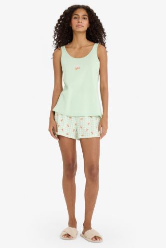 Regular Fit Pijama Takımı Kolsuz Baskılı Pijama Üstü Esnek Belli Şort Pijama Altı-Fall in Love
