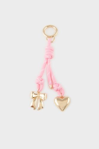Woman Pink Cord Heart Ribbon Charm Keychain