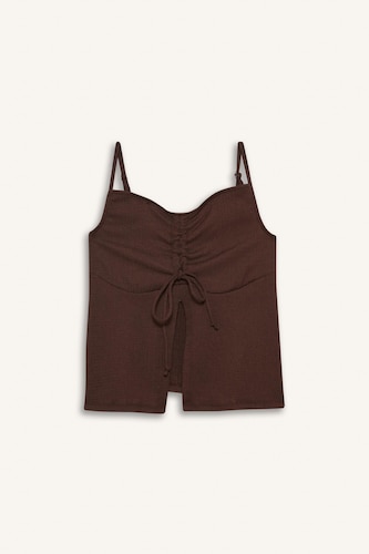 A Cut Thin Strap Front Tie Blouse