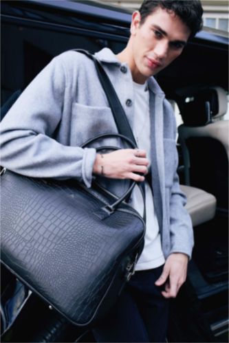 Erkek Siyah AtolyeWolf x DeFacto Erkek Kroko Desenli Suni Deri Bavul