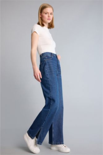 Әйелдерге қою көк 90's Wide Leg жоғары белді түзу балақты ұзын джинс шалбар