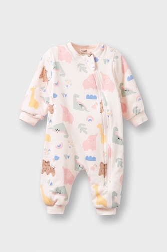 Baby Girl 1 Tog Fiber Dinosaur Printed Zip-Up Jumpsuit