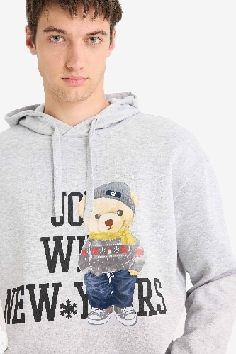 Boxy Fit Printed Long Sleeve Hooded Sweatshirt