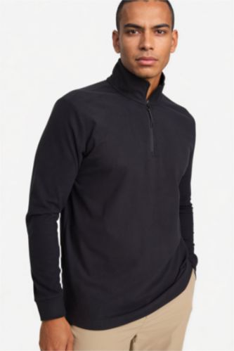 Erkek Siyah Standart Fit Dik Yaka Yarım Fermuarlı Polar Sporcu Sweatshirt