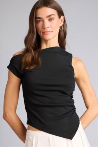 Kadın Siyah Slım Fıt Tek Omuzlu Ribana Tişört