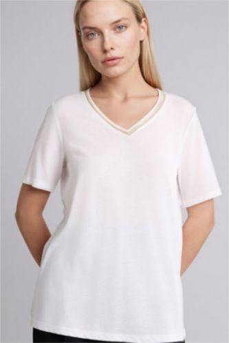 Әйелдерге экру Футболка Regular Fit с V-образным вырезом и коротким рукавом