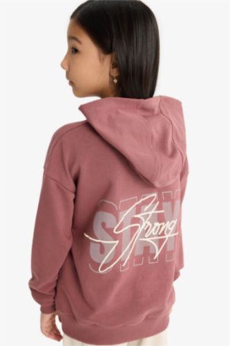 Kız Çocuk - Genç Kız Koyu Gülkurusu Oversize Geniş Kalıp Kapüşonlu Sırt Baskılı Sweatshirt Kız Çocuk