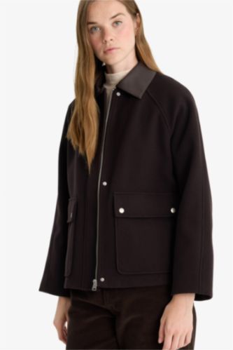 Regular Fit Polo Yaka Fermuarlı Kaşe Mont