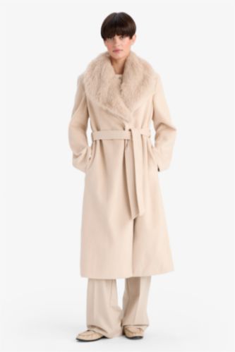 Regular Fit Suni Kürk Yaka Kuşaklı Kaşe Uzun Kaban