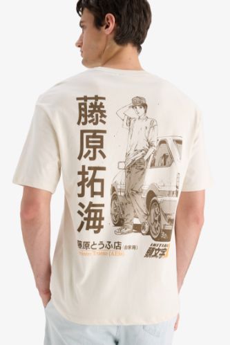 %100 Pamuk Initial D Boxy Fit Bisiklet Yaka Sırt Baskılı Kısa Kollu Tişört