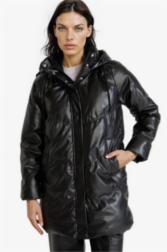 Su Geçirmez Relax Fit Kapüşonlu Suni Deri Parka