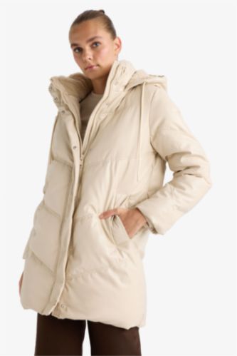 Su Geçirmez Relax Fit Kapüşonlu Suni Deri Parka