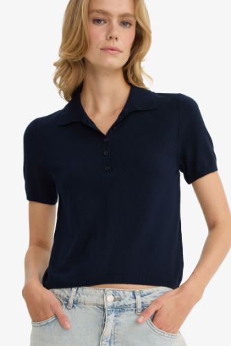 Fitted Polo Yaka Kısa Kollu Triko Kazak
