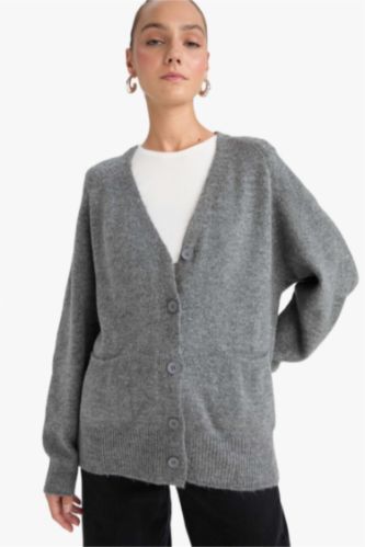 Oversize Fit V-Neck Soft Textured Cardigan