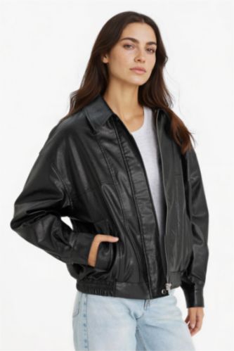 Kadın Siyah Dad Fit Polo Yaka Suni Deri Mont