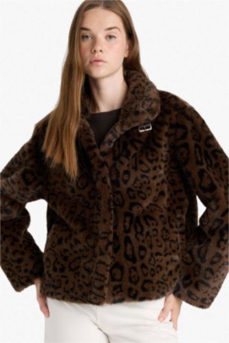 Regular Fit Leopard Print Short Faux Fur Jacket