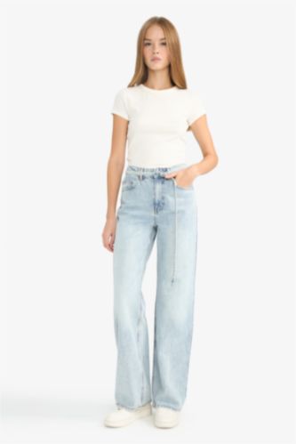 Straight Wide Yüksek Bel Düz Paça Uzun Jean Yıkamalı Pantolon