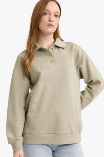 Regular Fit Polo Yaka İçi Yumuşak Tüylü Kalın Sweatshirt Tunik