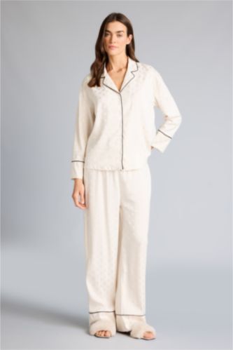 Woman Ecru Regular Fit Long Sleeve 2 Piece Satin Set