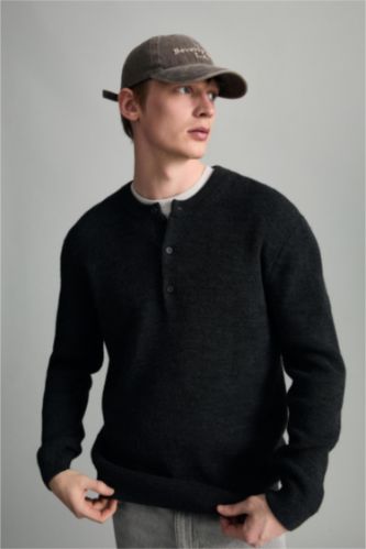 HOMME Anthracite Foncé Pull en maille à col boutonné Coupe standard