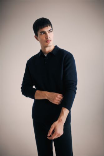 %100 Yün Standart Fit Polo Yaka Kazak