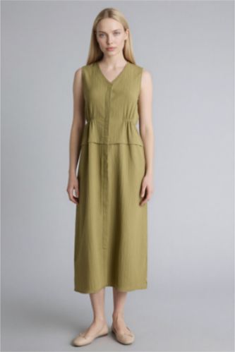 Kadın Haki V Yaka Gofre Dokulu Kolsuz Elbise