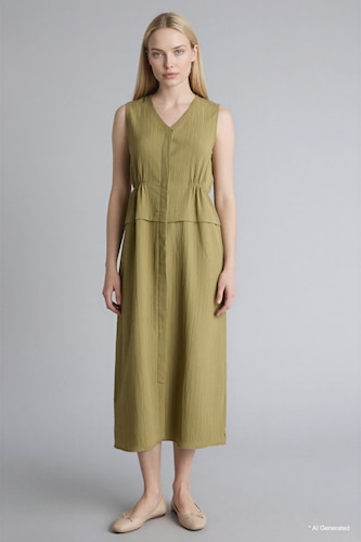 Women Khaki V-Neck Waffle Textured Sleeveless Dress