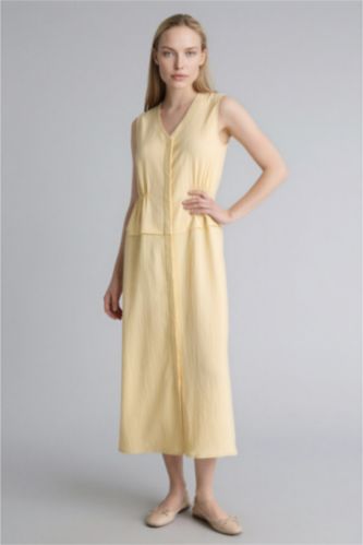 Kadın Sarı V Yaka Gofre Dokulu Kolsuz Elbise