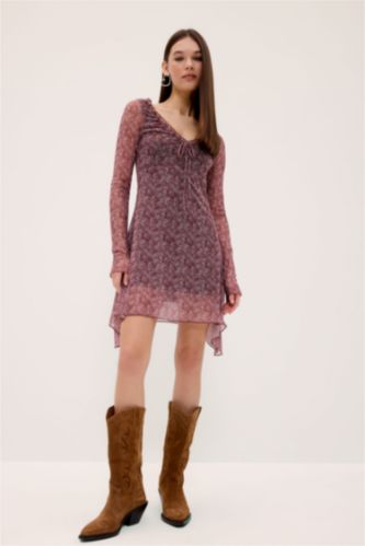 V Yaka Çiçekli Tül Uzun Kollu Mini Elbise