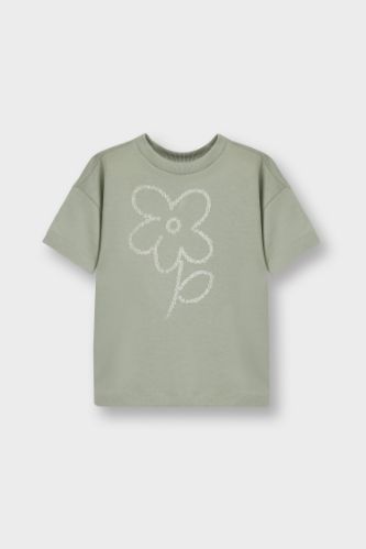 Kız Bebek Bisiklet Yaka Çiçekli Kısa Kollu Tişört