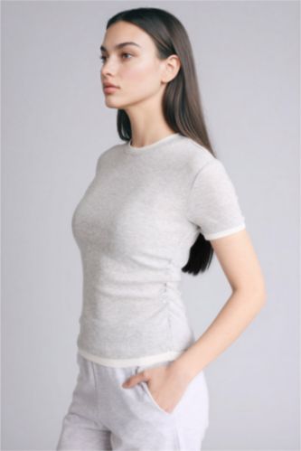 Woman Grey Melange تيشيرت نص ردن سليم فيت وياخة مستديرة