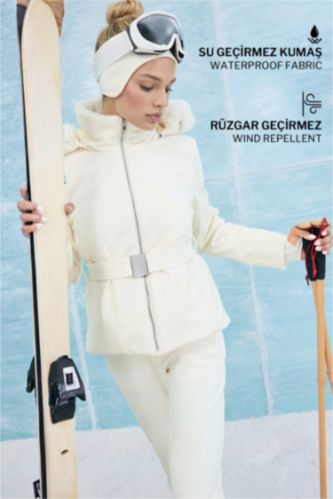 Su İtici Slim Fit Dar Kesim Kemerli Kapüşonlu Softshell Kayak Montu