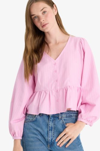 بلوزة كم طويل بوبلين قصة عادية وياقة V زهري