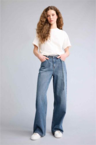 WOMAN Dark Blue Wide Leg Normal Waist Straight Leg Jeans