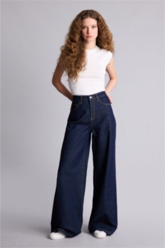 حريمي أسود أزرق بنطلون جينز وايد ليج