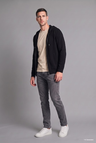 رجال أسود Relaxed Fit Zip-Up Hoodie