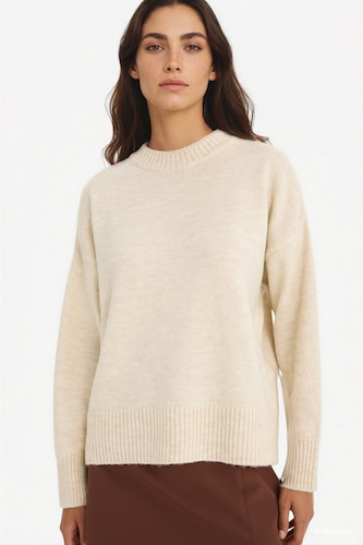 Kadın Ekru Oversize Basic Triko Kazak