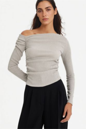 Woman Light Grey Slim Fit One Shoulder Crepe T-Shirt