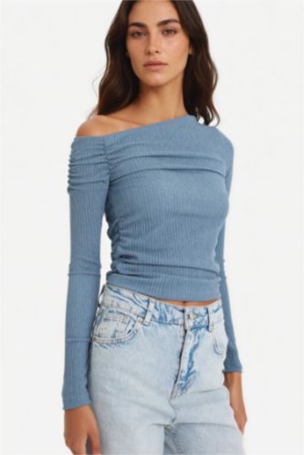 Kadın İndigo Slim Fit Dar Kesim Tek Omuzlu Bürümcük Uzun Kollu Bluz