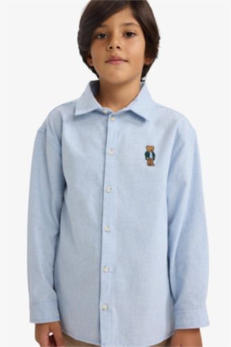 Erkek Çocuk Oversize Geniş Kalıp Ayı Nakışlı Polo Yaka Flanel Uzun Kollu Gömlek