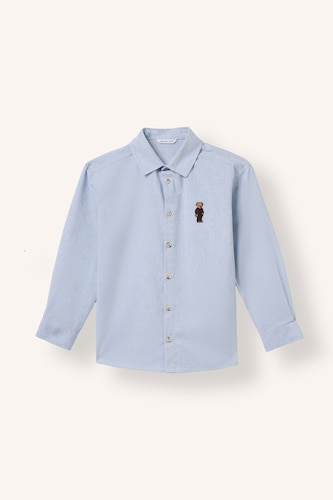 Erkek Çocuk - Genç Erkek Mavi Melanj Oversize Ayıcıklı Flanel Uzun Kollu Gömlek Erkek Çocuk