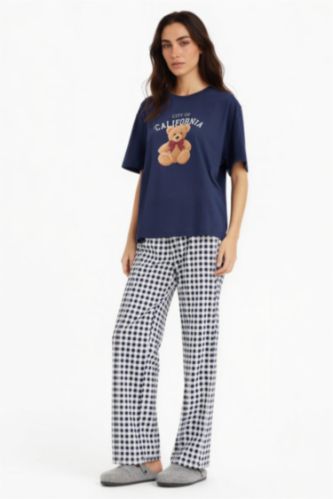 WOMAN NAVY Fall in Love Regular Fit Teddy Bear Print Top Bottoms 2 Piece Pajama Set