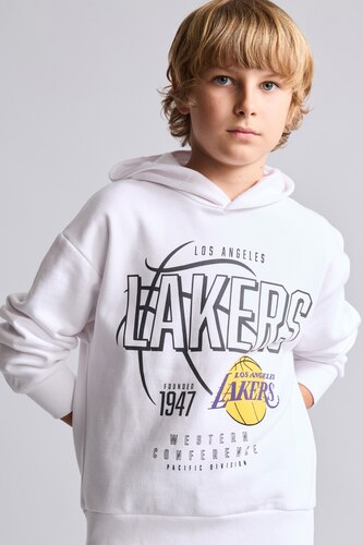 Erkek Çocuk - Genç Erkek Beyaz NBA Lakers Baskılı Kapüşonlu Sweatshirt