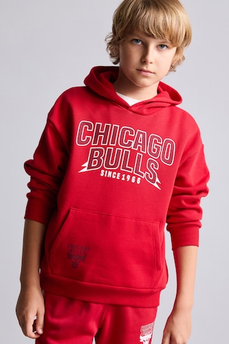 Erkek Çocuk - Genç Erkek Kırmızı NBA Baskılı Kapüşonlu Sweatshirt Erkek Çocuk