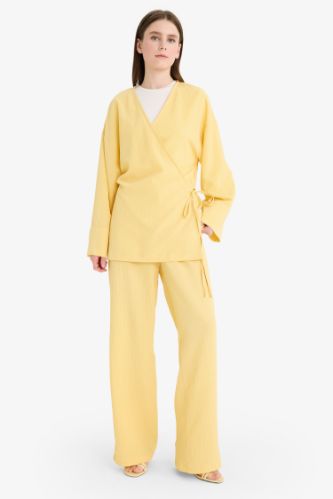 Relax Fit 2'li Takım Gofre Dokulu Uzun Kollu Kimono Pantolon