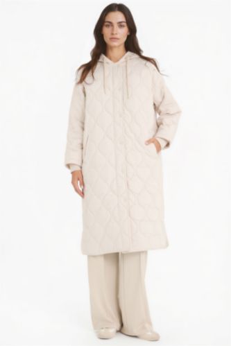 Woman Ecru Regular Fit Hooded Quilted Long Jacket