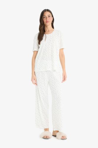 Regular Fit Pijama Takım Kısa Kollu Pijama Üstü Esnek Belli Uzun Pijama Altı-Fall in Love