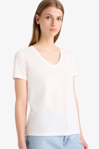 Regular Fit V Yaka Basic Düz Kısa Kollu Tişört