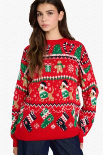 Yılbaşı Temalı Regular Fit Bisiklet Yaka Kazak