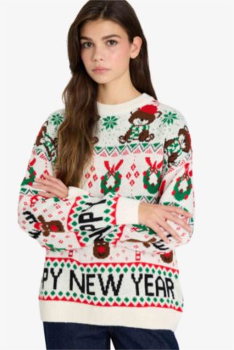 بلوز صوف قصة عادية بياخة مستديرة بطبعة رأس السنة